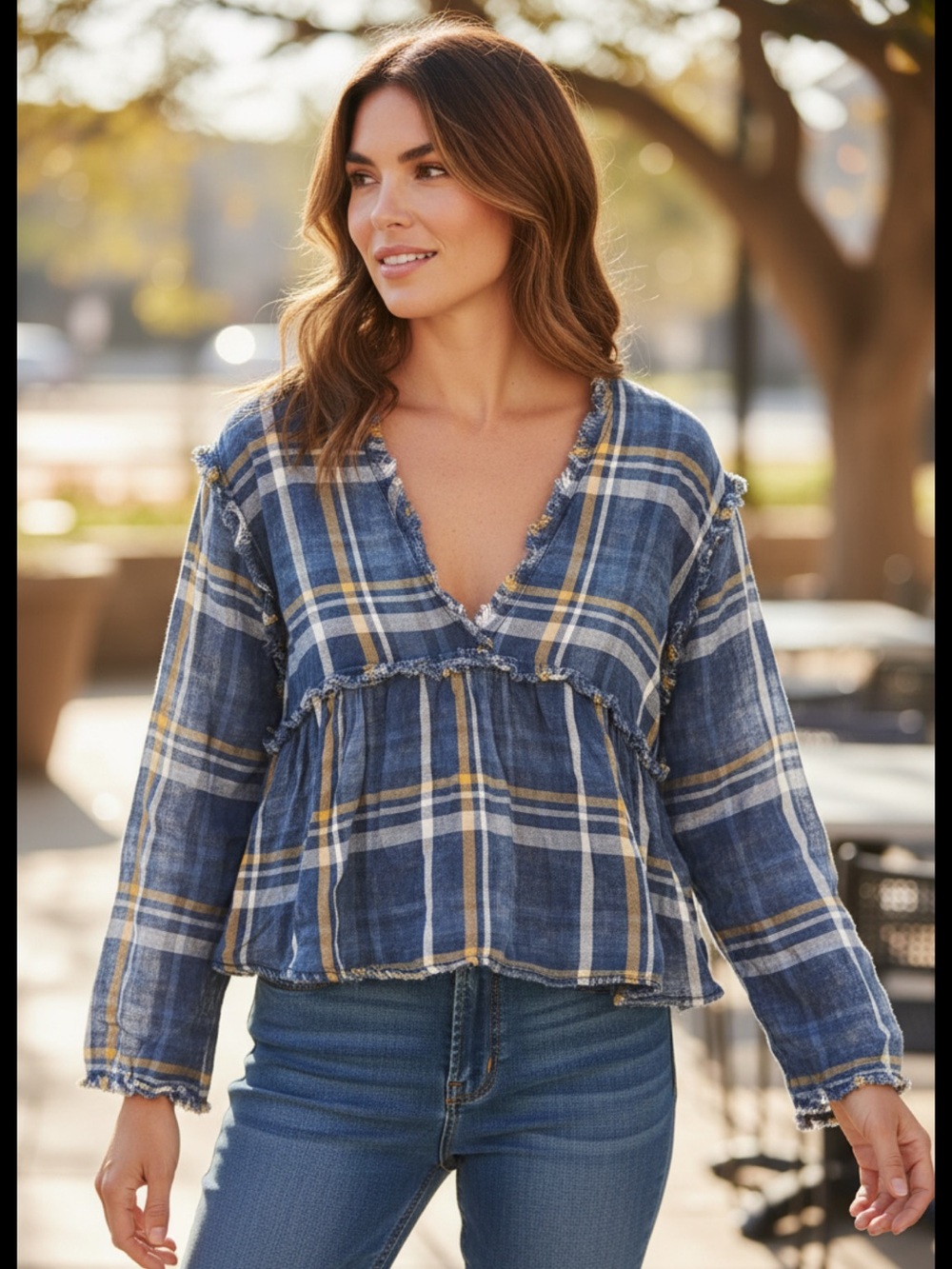 👗Love fire Women’s Blue Plaid V-Neck Peasant crop top